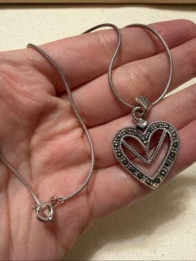 Sterling Silver 925 Heart Marcasite Pendant Necklace 16’ in